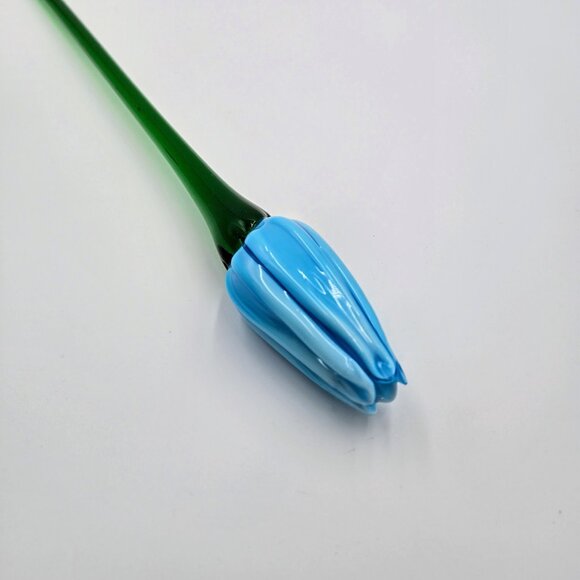 Art Glass Hand Blown Flower Blue Long Green Stem Flower With Leaf Stem Read - Picture 7 of 16